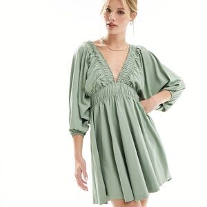 SOLD🚫 ASOS Green Plunge Neck Bishop Sleeve Mini Dress